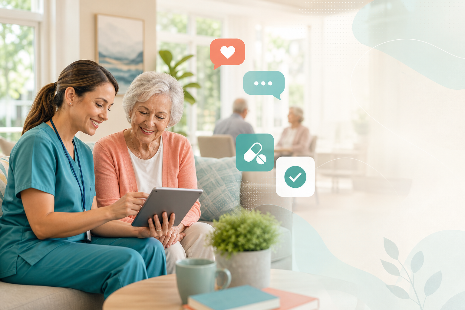 Caregiver using a tablet beside a resident in a bright assisted living common room.
